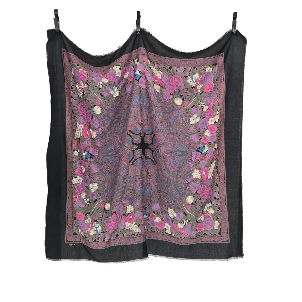Vintage 46" Lalezar Floral Paisley Fringe Scarf Shawl Black Purple Boho